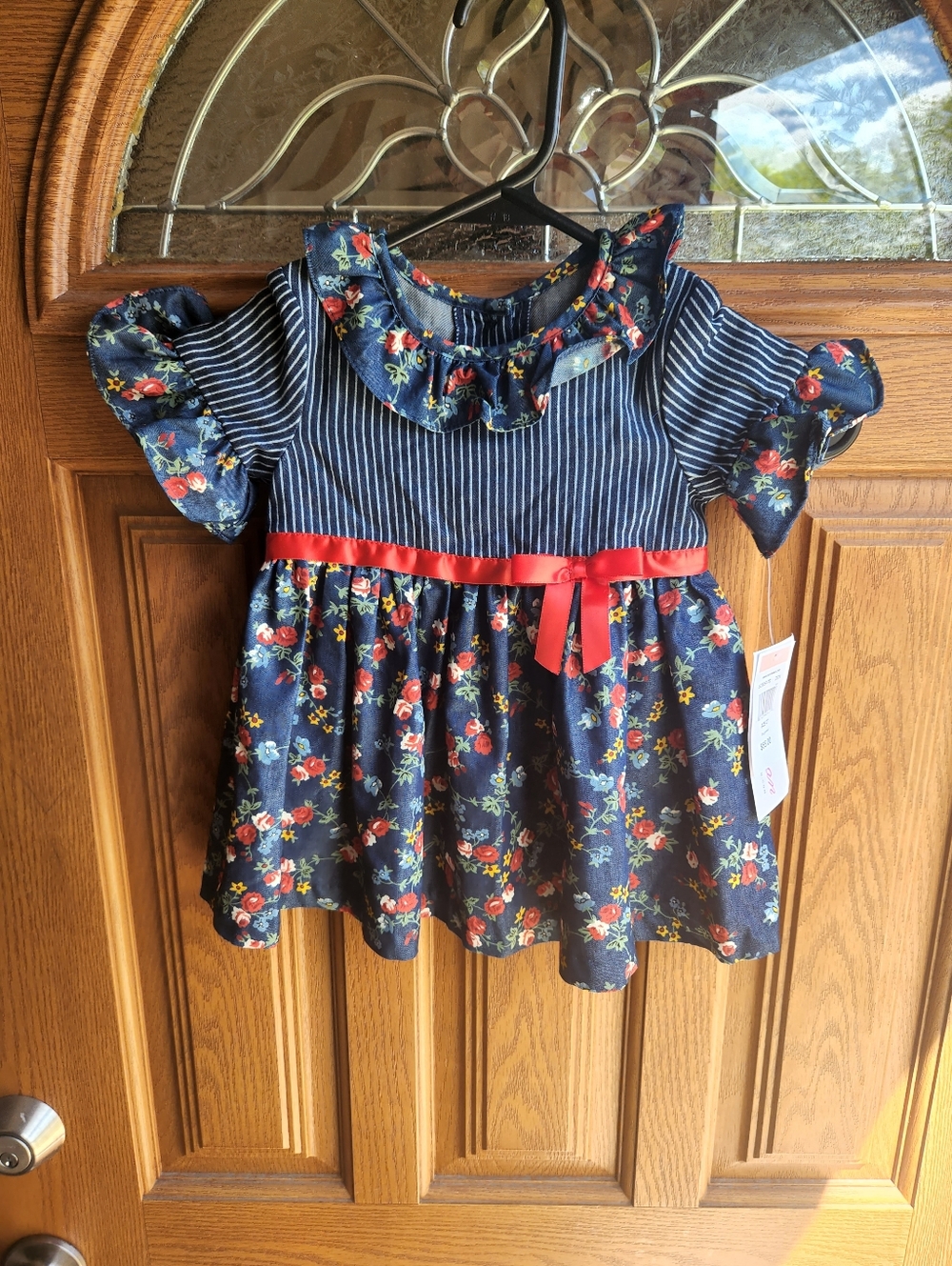 NWT 2T Bonnie Jean Girls Navy Floral Ruffle Dress with Red Ribbon